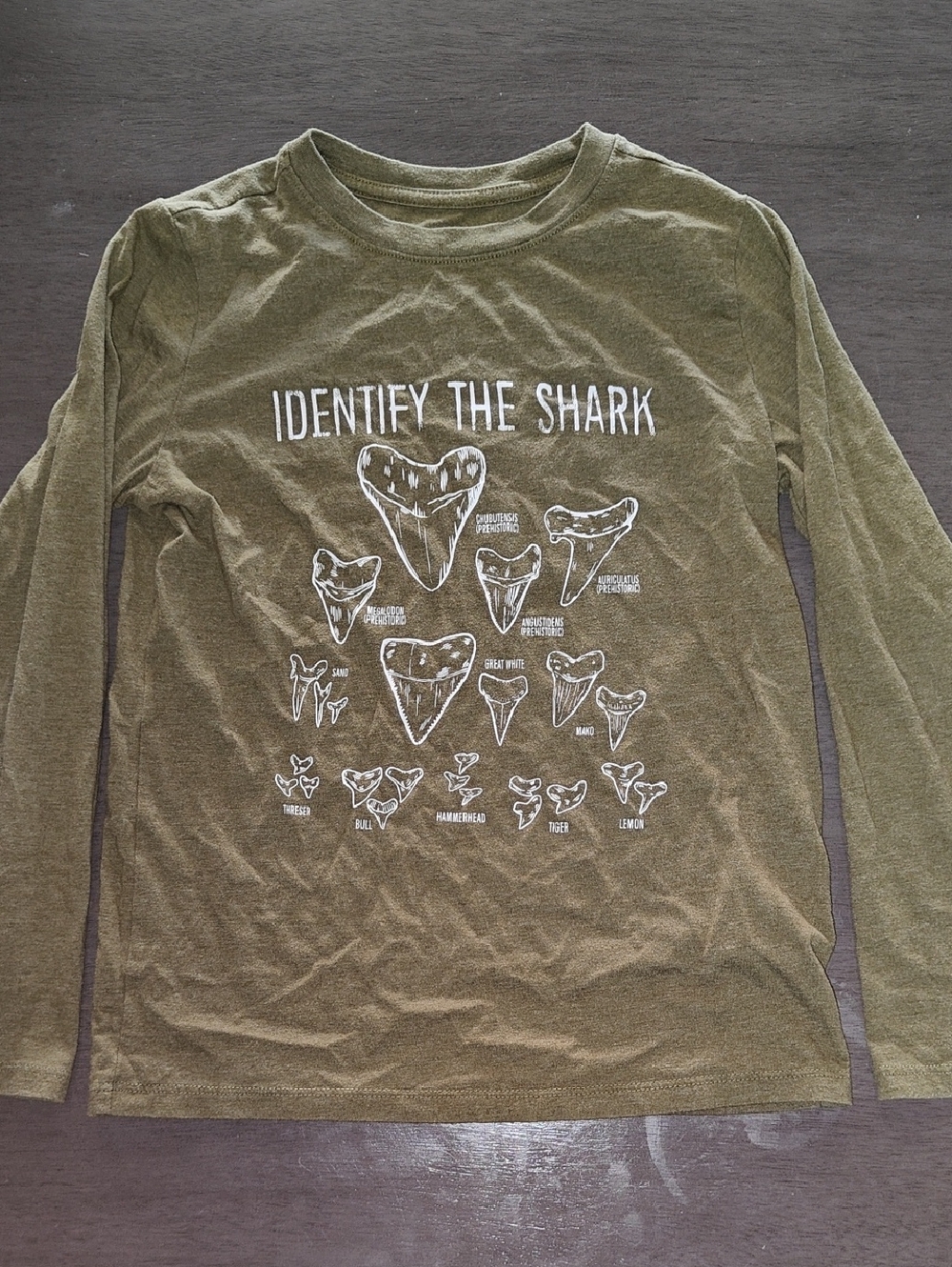 Cat & Jack Olive Green Long-Sleeve 'Identify The Shark' Graphic Tee